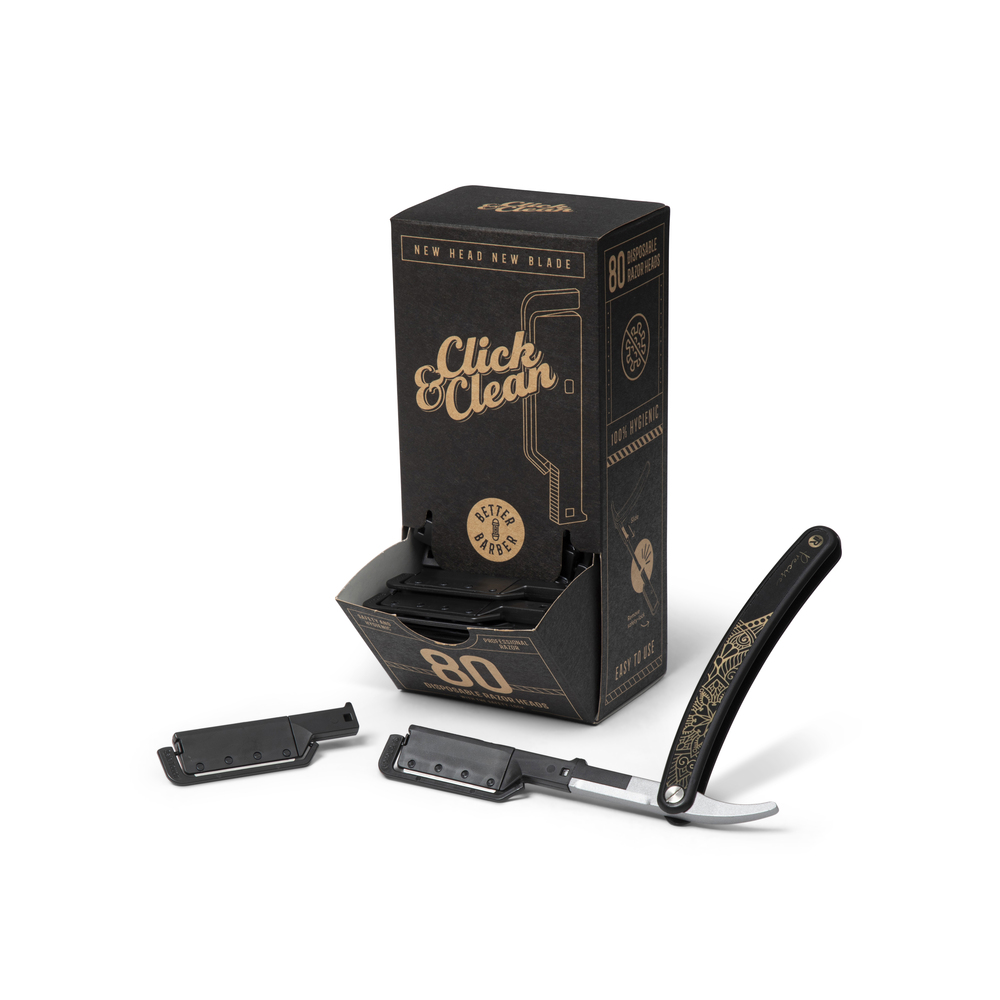 12-100101 BETTER BARBER  CLICK & CLEAN BLACK RAZOR HANDLE W/80 HEADS